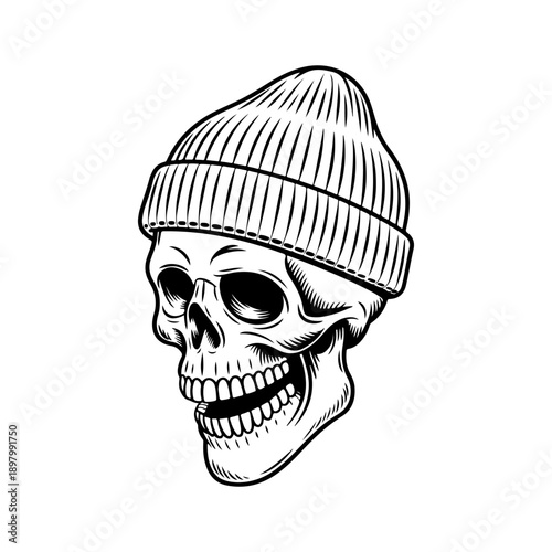 A clean black and white vector illustration of a human skull wearing a ribbed winter beanie hat. Minimalist high-contrast graphic art isolated on a white background.