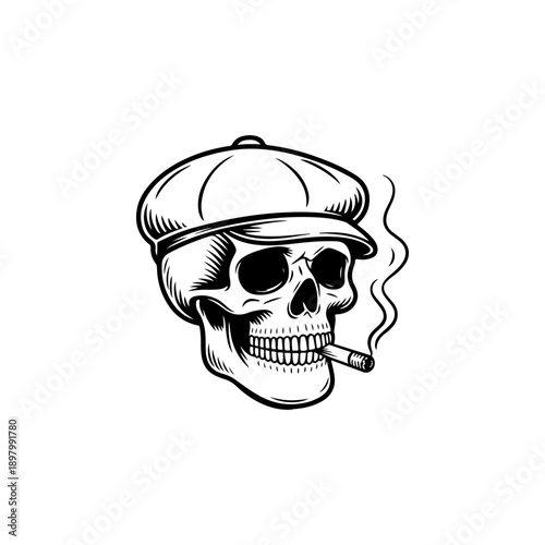 A bold black and white vector illustration of a human skull wearing a flat newsboy cap and smoking a cigarette. Detailed high-contrast graphic art on a white background.