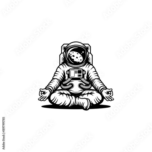 A detailed black and white vector illustration of an astronaut sitting in a meditative lotus pose. A calm and high-contrast cosmic graphic on a white background.