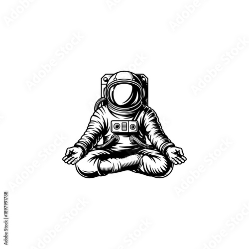 A detailed black and white vector illustration of an astronaut sitting in a meditative lotus pose. A calm and high-contrast cosmic graphic on a white background.