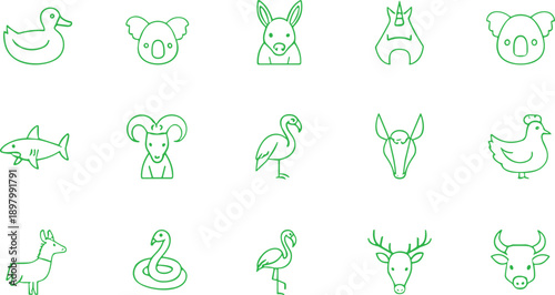 Green animal line icon set, wild farm bird fish symbols, neon outline cartoon collection, modern black background vector illustration