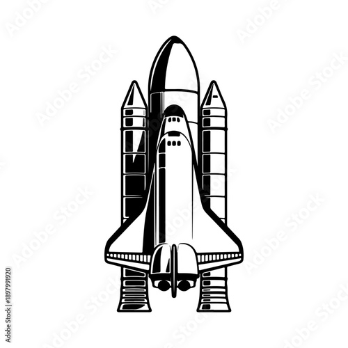 A clean black and white vector illustration of a space shuttle attached to its external tank and solid rocket boosters. High-contrast aerospace graphic on a white background.