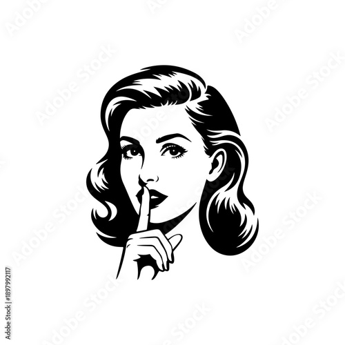 A clean black and white vector illustration of a woman with vintage-styled hair holding a finger to her lips in a "shh" gesture. Minimalist retro-style graphic icon.
