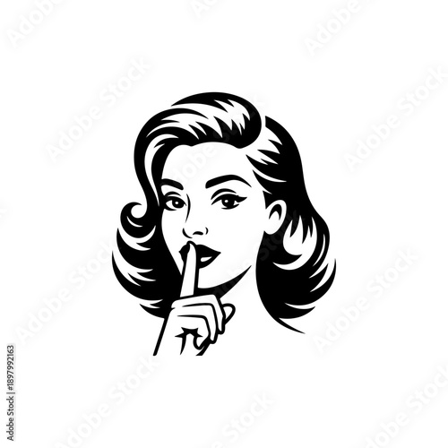 A clean black and white vector illustration of a woman with vintage-styled hair holding a finger to her lips in a "shh" gesture. Minimalist retro-style graphic icon.