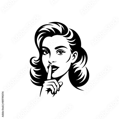 A clean black and white vector illustration of a woman with vintage-styled hair holding a finger to her lips in a "shh" gesture. Minimalist retro-style graphic icon.