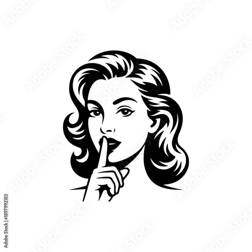 A clean black and white vector illustration of a woman with vintage-styled hair holding a finger to her lips in a "shh" gesture. Minimalist retro-style graphic icon.