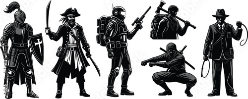 Silhouette of a soldier and warrior figures with weapons and armor