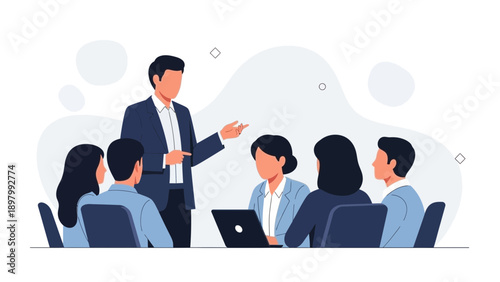 Business Meeting: Manager Leading Team Discussion with Laptop