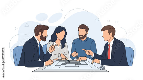 Diverse team collaborating on blueprint, business meeting, planning, strategy