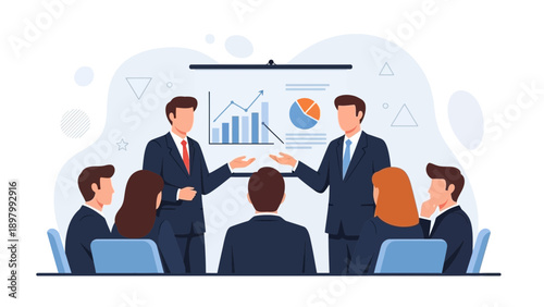 Business meeting presentation with charts and data analysis, team discussion