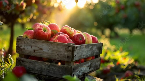 Freshly picked apples in a wooden crate at sunset in an autumn orchard