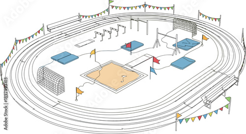 Overhead view of a stylized outdoor athletics track featuring various sporting event setups like hurdles long jump and high jump areas ready for competition