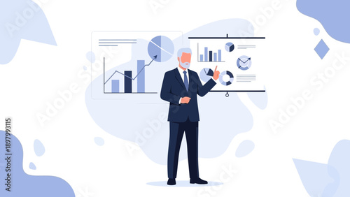 Businessman presenting financial data and charts on a whiteboard