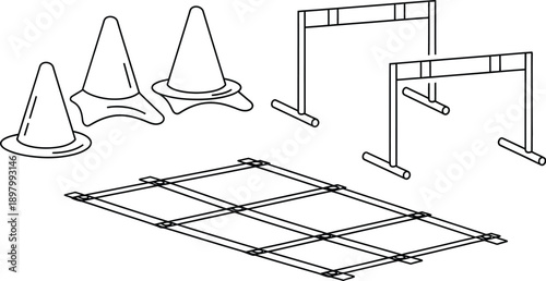 Simple black and white line art illustration depicts essential athletic training equipment including cones hurdles and an agility ladder spread out
