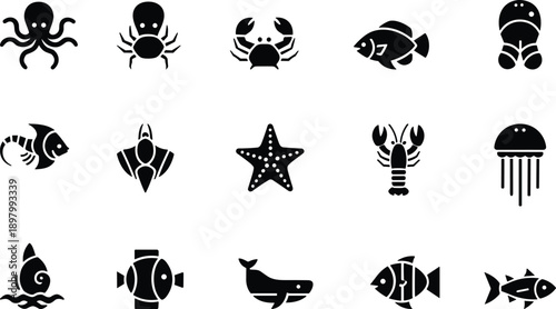 Sea animal silhouette icons collection, octopus crab fish whale jellyfish starfish, black vector graphic set for marine design