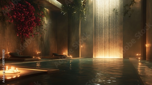 Mystical indoor pool sanctuary with cascading waterfall and serene candle lighting © dewpra
