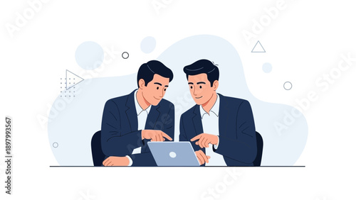 Two businessmen collaborating on a laptop, modern business meeting illustration