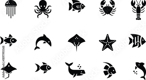 Sea animal silhouette icons collection, jellyfish octopus fish crab whale starfish, black vector graphic set for ocean design