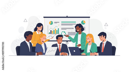 Diverse business team presenting financial data on projector screen in meeting room.