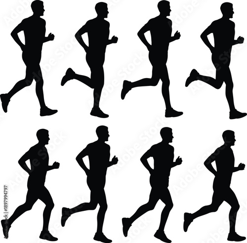 Running man silhouette sequence flat vector illustration, jogging cycle poses set, athletic motion frames, isolated black runner animation