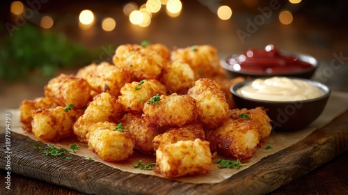Close-up of crispy tater tots with herb garnish and creamy dip