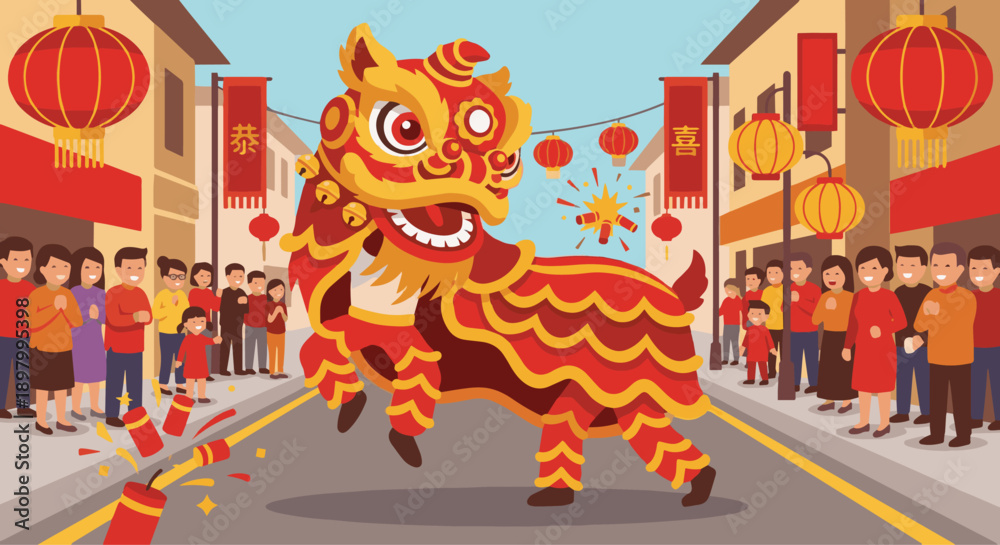 Fototapeta premium Lion dance celebration illustration, traditional lion costume in red and gold, festive street with lanterns and banners, dynamic movement, 