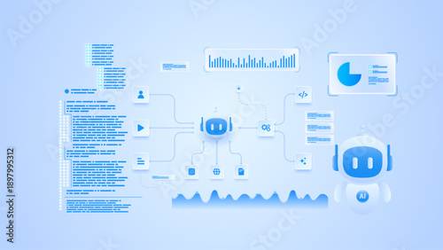 AI workflow automation artificial intelligence. ai agent system showing data processing, analytics panel, coding and automation system.