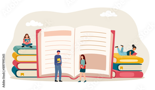 Book fair, book festival or book club. Students woman and man reading, learning concept Library Bookstore Shop Advertising World Book Day
