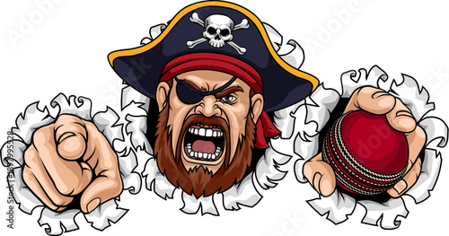 A Pirate man holding Cricket ball and pointing sports team cartoon charcater mascot illustration.