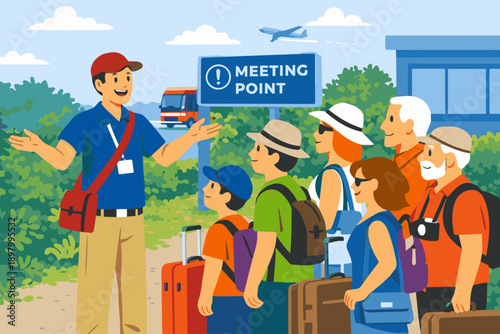 Tour Guide Welcoming Tourists
A flat vector illustration of a tour guide welcoming tourists at a meeting point. Smiling gestures, travel bags visible. Flat vector style, friendly hospitality mood.