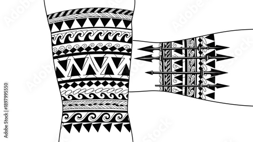 Traditional tribal tattoo design with geometric patterns and ornaments.