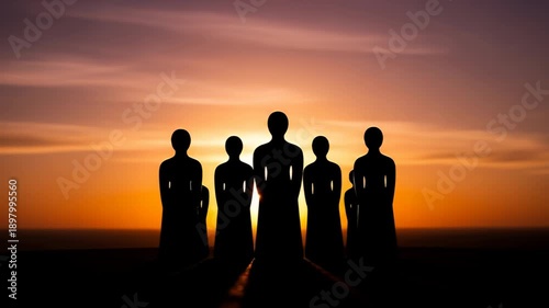 Silhouetted Figures Against a Vibrant Sunset Sky.