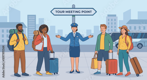Tour Guide Welcoming Tourists
A flat vector illustration of a tour guide welcoming tourists at a meeting point. Smiling gestures, travel bags visible. Flat vector style, friendly hospitality mood.