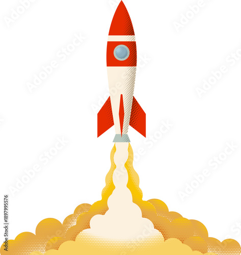 Retro vintage halftone dots illustration rocket ship launching vertically into space with smoke and flames. Space exploration, innovation, startup growth, technology, science, ambition concept