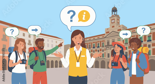 Tour Guide Answering Questions
A flat vector illustration of a tour guide answering tourists’ questions. Speech bubbles or info icons appear. Flat vector style, interactive tour scene.