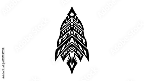 Black tribal feather graphic design element on white background.