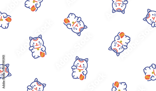 Cute maneki neko lucky cat pattern background vector design