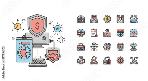 AI security icons and illustration for financial data protection and technology