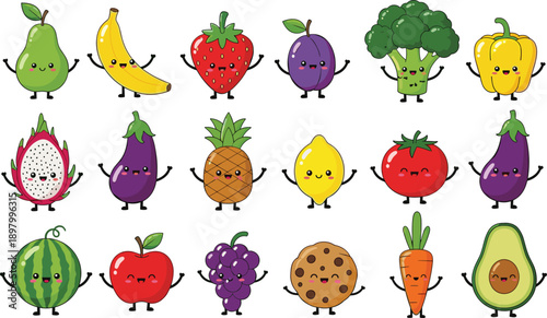 Cute cartoon fruit and vegetable characters set isolated on white background, funny food mascots for kids illustration design