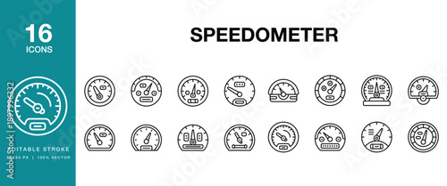 Speedometer icon set. Includes speedometer, gauge, meter, speed, dashboard and More. Editable Stroke Icon Collection.