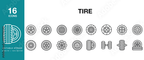 Tire icon set. Includes tire, wheel, rim, alloy, axle, tread, radial, offroad, tractor and More. Editable Stroke Icon Collection.