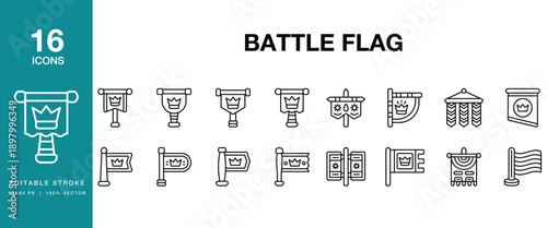 Battle Flag icon set. Includes banner, flag, standard, pennant, emblem, heraldry and More. Editable Stroke Icon Collection.