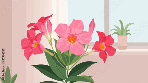 Vivid pink flowers bloom with a small potted plant on a windowsill