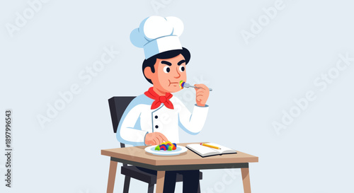 Professional chef intently tasting colorful food from a plate, with a notebook and pencil ready for notes