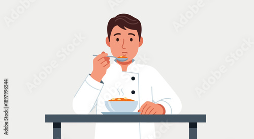 Chef in white uniform tasting a bowl of steaming soup with a spoon
