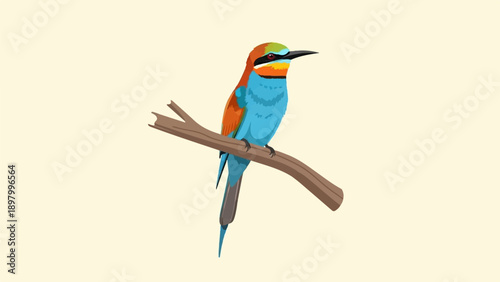 Vividly colored bird perched on a dry branch against a pale background
