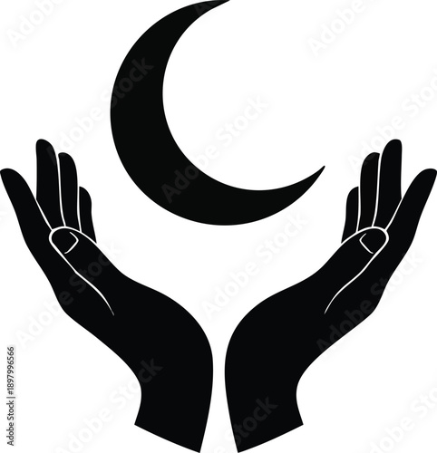 Crescent moon held by hands isolated on transparent background, Vector
