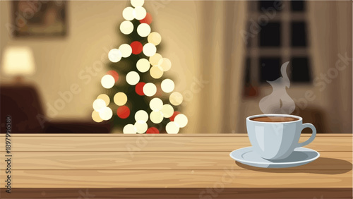 Warm drink and twinkling Christmas tree lights indoors