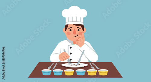 A thoughtful chef ponders a food tasting session with multiple small dishes arranged before him, contemplating his culinary judgment.