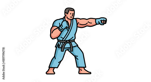 Dynamic Karate Fighter Performing a Punch in Light Blue Gi